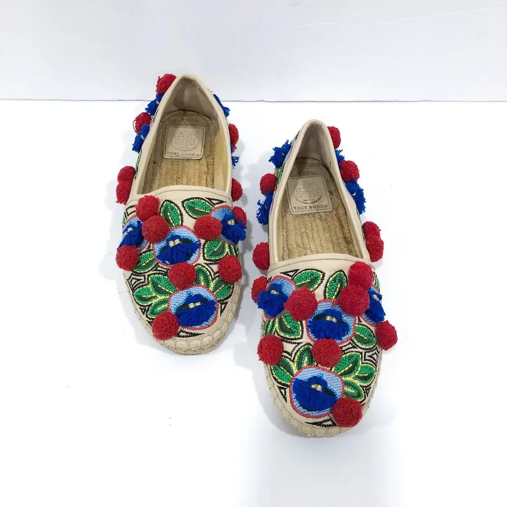 Tory Burch Ellis Pom Pom Embroidered Espadrille Flats